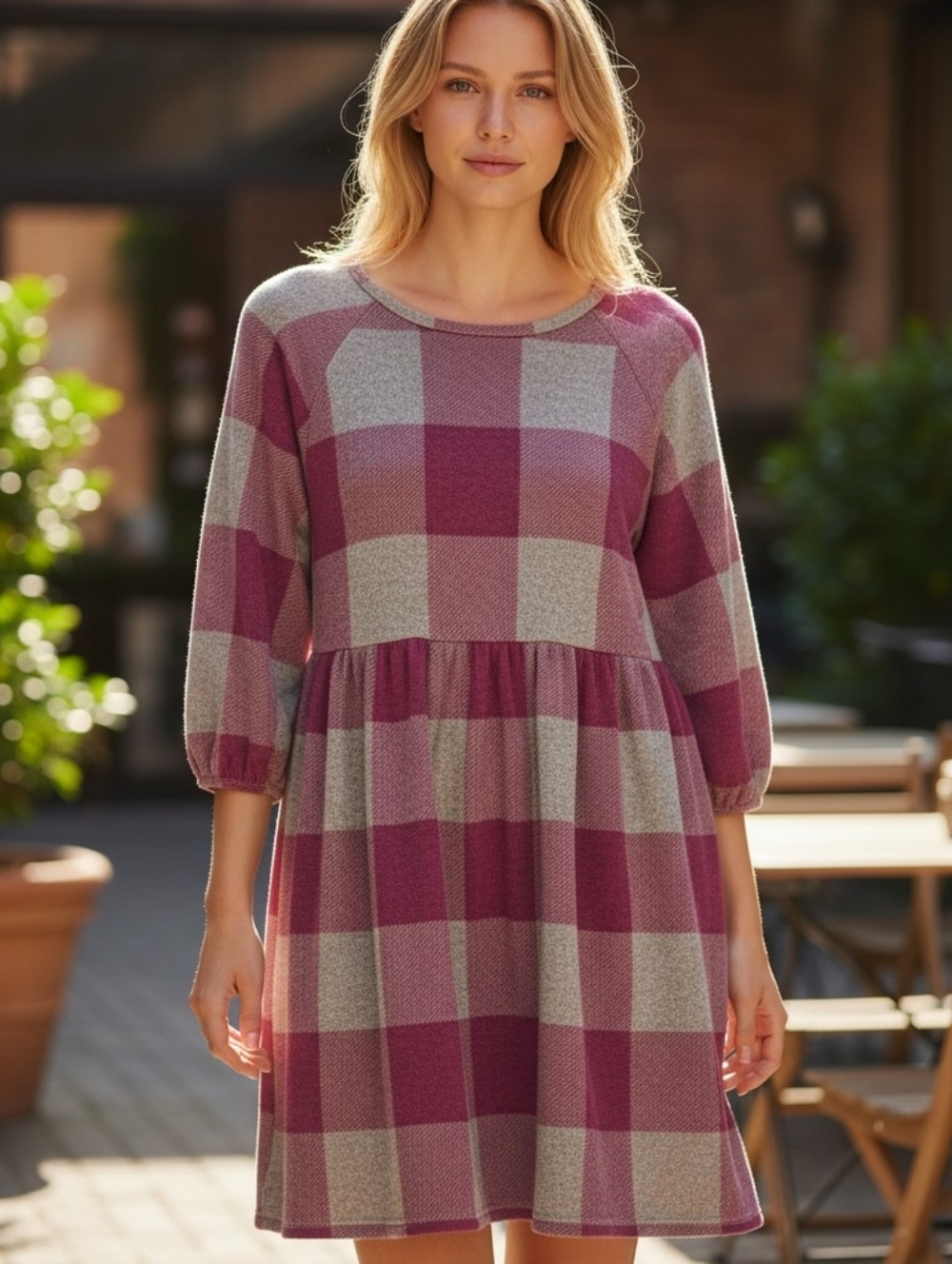 Egs California Plaid Knit Top in Pink & Heather Gray